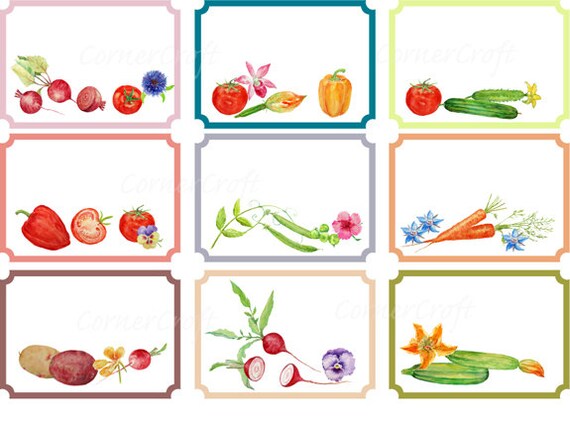 handpainted watercolour vegetable labels for instant download