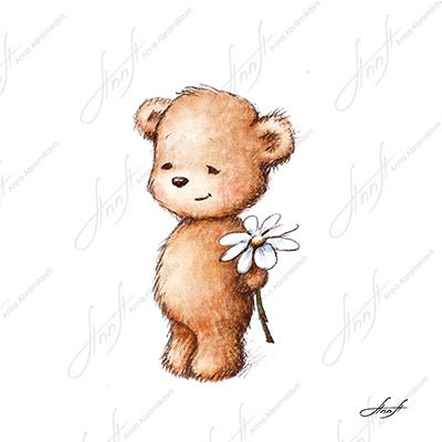 The drawing of cute teddy bear with with daisy. Printable Art.