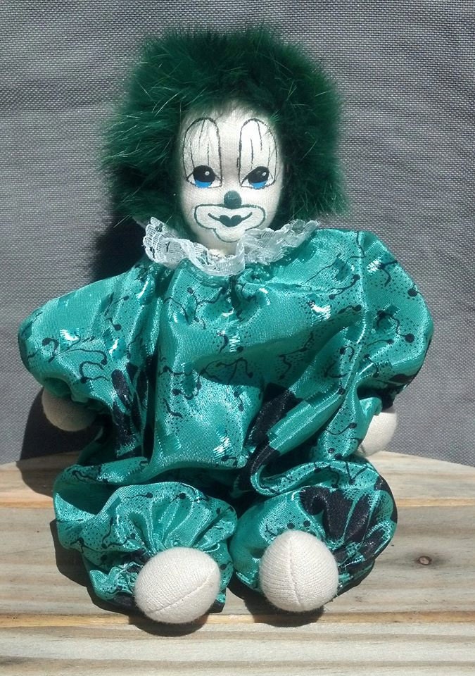 Collectible Sand Bag Clown Doll / Handmade Hand Painted Doll with Green