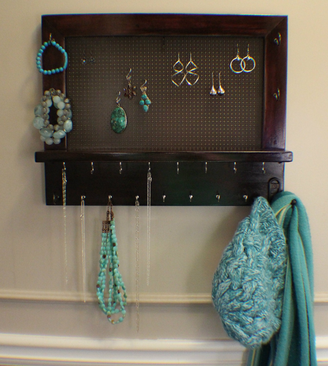 Stained Wall Mounted Jewelry Organizer Wall by TheKnottyShelf