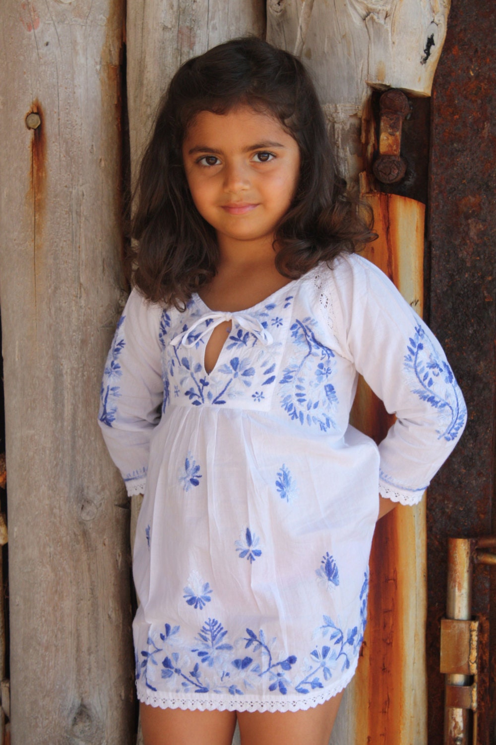  Kids kaftan white with blue hand embroidery