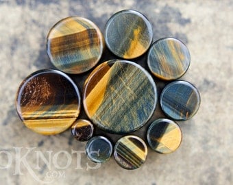Blue Tiger's Eye Stone Plugs - Double Flared - 1 Pair - 6mm - 8mm - 10mm - 11mm - 12.7mm - 14mm - 16mm - 19mm - 22mm - 25mm - Organic