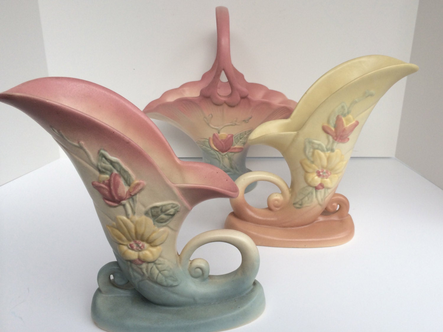 1940s Hull Art Pottery Magnolia Matte Cornucopia by QuirkyAppeal