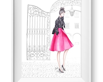 Fashion illustration print, Fashion art, girl art, watercolor - A Touch of Pink