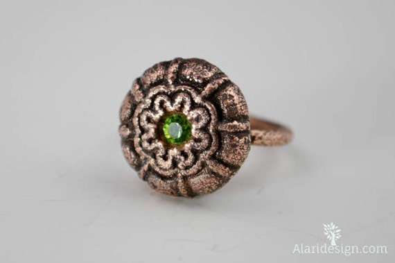 Patterned Copper Ring // Peridot // Swarvoski Crystal // Vintage Button Ring // Size 8 // Electroformed Copper // One of a Kind Ring