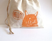 ORANGE CAT BAG Orange head canvas medium sized jute twine drawstring pouch, natural color muslin drawstring bag, gift for cat lovers, tabby