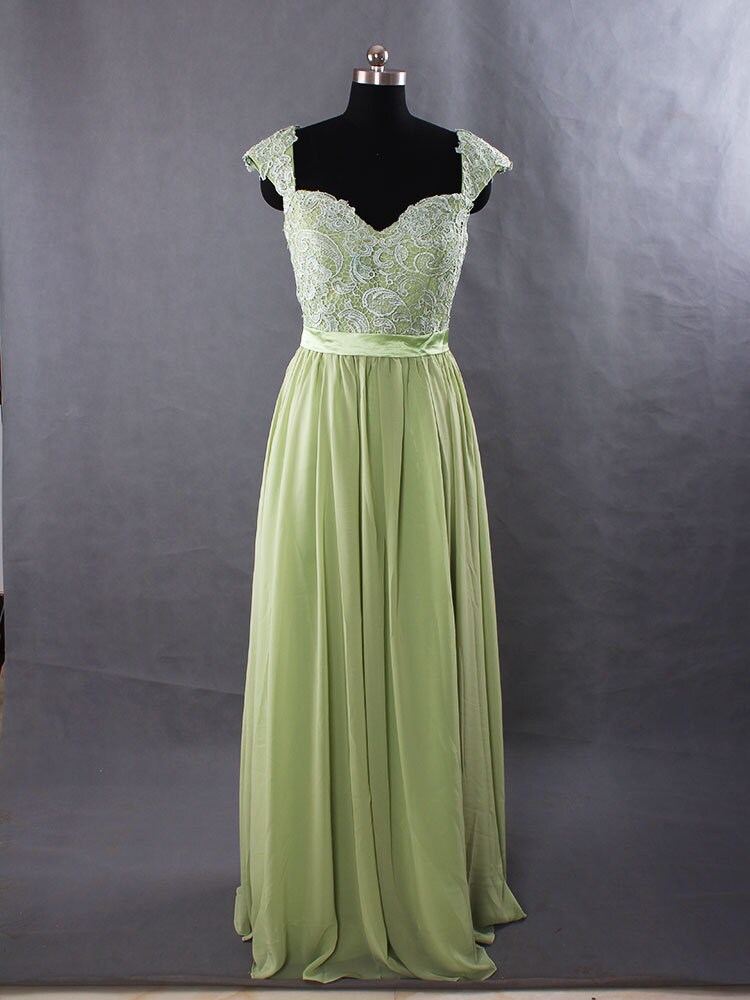 Sage Long Lace Bridesmaid Dress Chiffon Dress by StarCustomDress