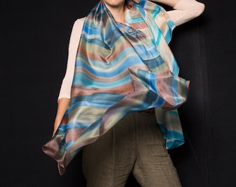 Rustic Stripes Hand Painted Silk Scarf/ Handpainted scarf shawl/ Abstract scarf in blue, brown/ Tcherga Shawl/ Luxurious scarves/ SS16KLARA