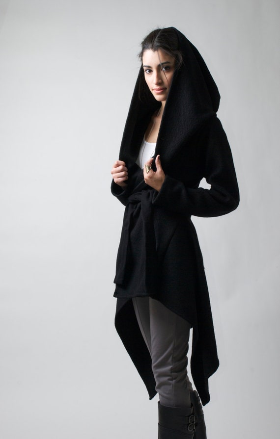 Black Coat with a Hoodie / Asymmetrical Sweater Hoody