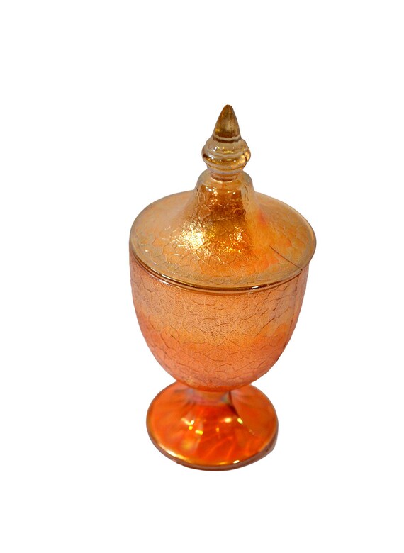 Marigold Orange Carnival Glass Candy Dish Teardrop Lidded
