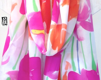 Hand Painted Silk Shawl, Gift for her, Gift for Wife, Large Pink and Orange Flowers Scarf, Silk Satin, Silk Scarves Takuyo , 22x90 inches,