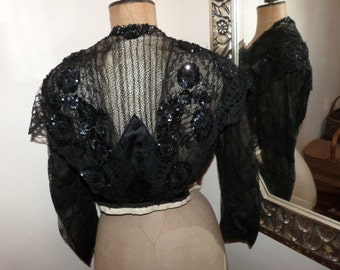 Victorian silk w lace jacket blouse Antique French black boned jacket w jet stone beads, sequins, 1800s gothic steampunk clothing women goth