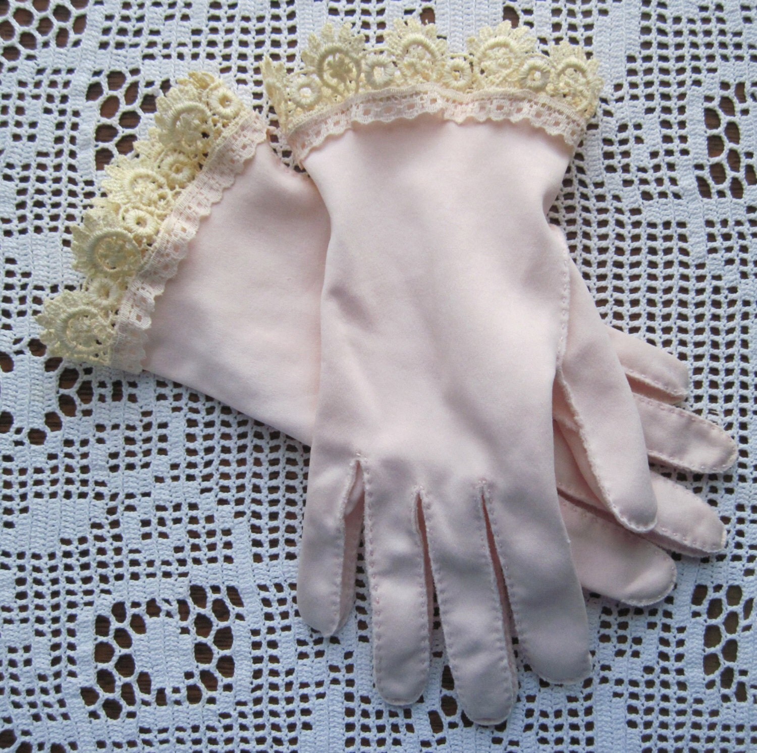Upcycled lace embellished pink soft cotton womens gloves size