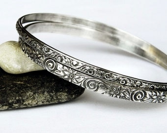 Two Ornate Foral Sterling Silver Bangles - Silver Bangle Set - Handmade Solid Sterling Bangle Bracelet Set - Stacking Bangles