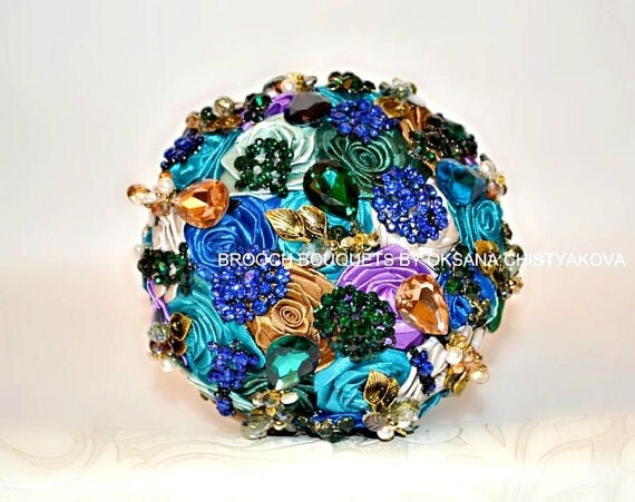 Brooch bouquet. Purple, Turquoise, Emerald and Gold wedding brooch bouquet. Jeweled bouquet. Mother of the Bride brooch bouquet.