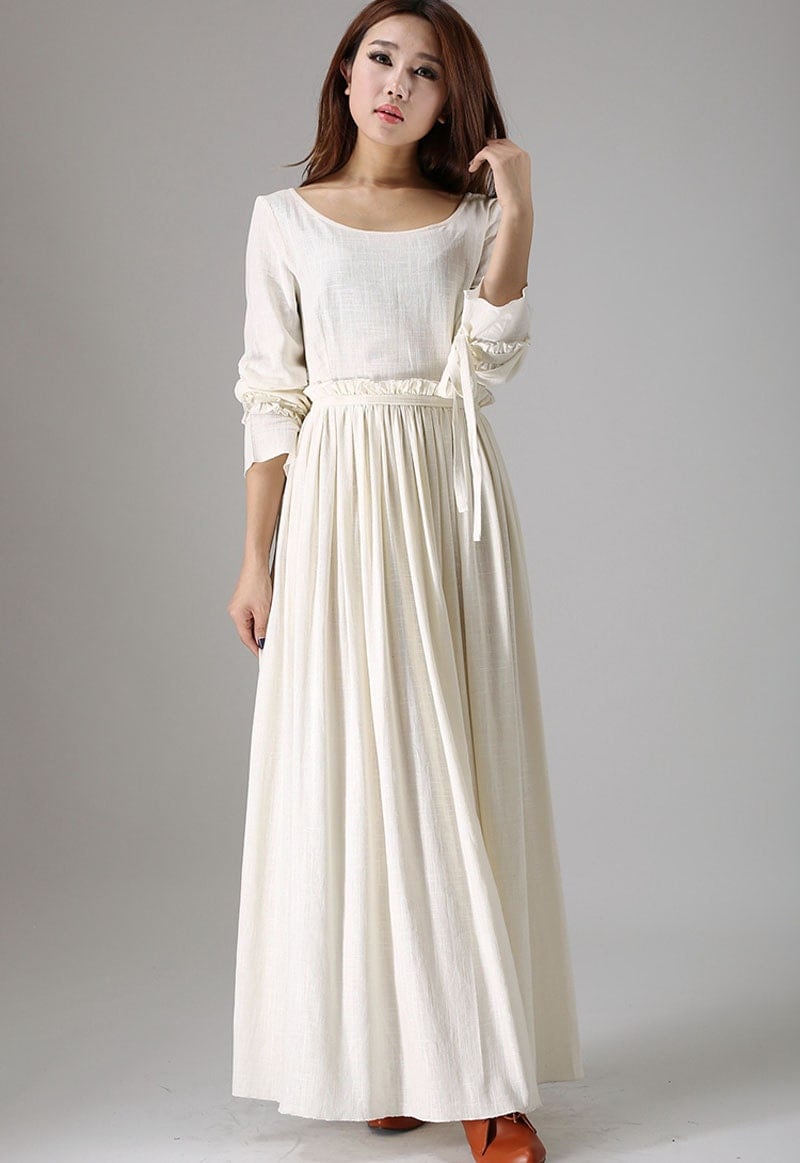 White maxi dress bridesmaid dress long sleeve dress linen