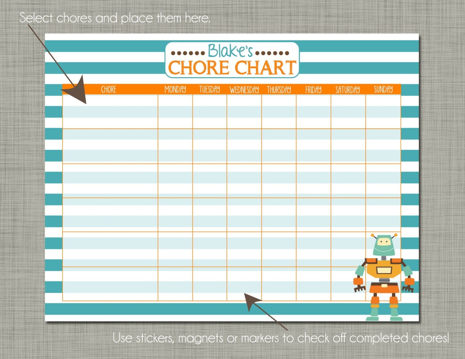 Personalized Kids Chore Reward Chart Printable Sized 8.5 x