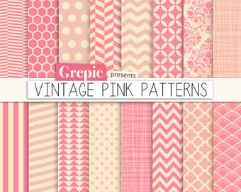 Pink digital paper: "VINTAGE PINK PATTERNS" pink backgrounds w/ chevron, polkadots, honeycomb, stripes, geometric, quatrefoil, cross hatch..