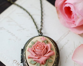 Rose Cameo Locket Necklace, Large Floral Oval Locket, Victorian Style, Ivory Pink Brass Photo Locket, gift for mom