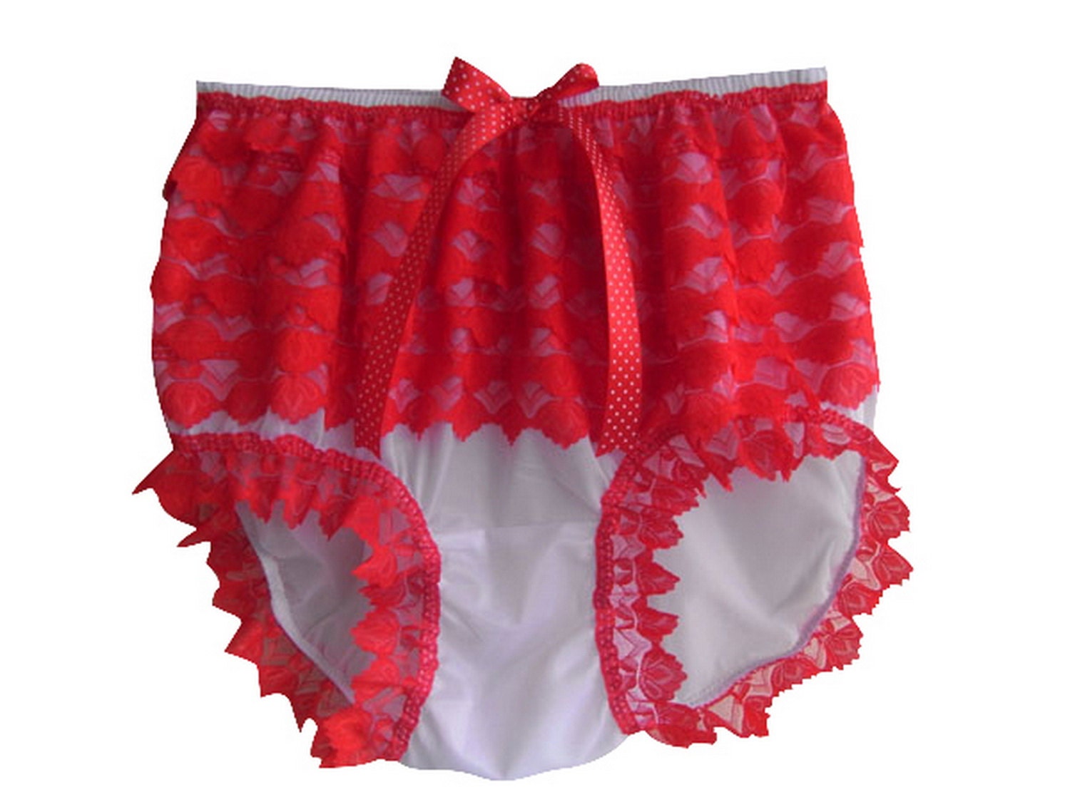 S9H7 WHITE RED Lace Ruffle Rumba Frilly Handmade Briefs