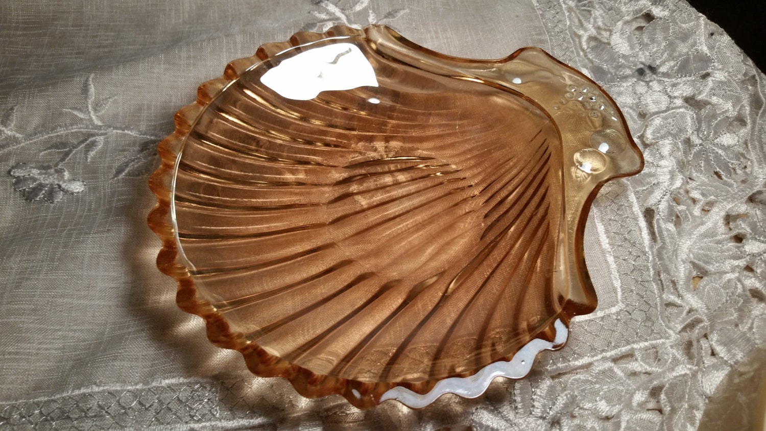 Carnival Glass Seashell Iridescent Marigold Candy Dish Tray