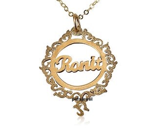 Handmade 10k Solid Yellow Gold Beautiful Personalized Circular Name Necklace with Special Decorations