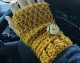 Fingerless Gloves, button gloves, Crochet fingerless gloves, mustard fingerless gloves