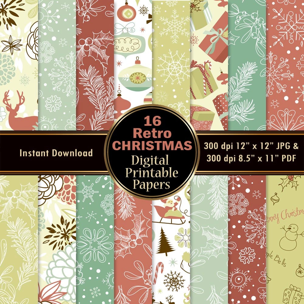 Retro Christmas Scrapbook Paper Pack 16 Green Pink Printable