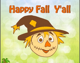 Scarecrow Happy Fall Y'all Digital Design Print or Cut Instant Download Zip File includes full color SVG file and High Quality 300 dpi JPEG.