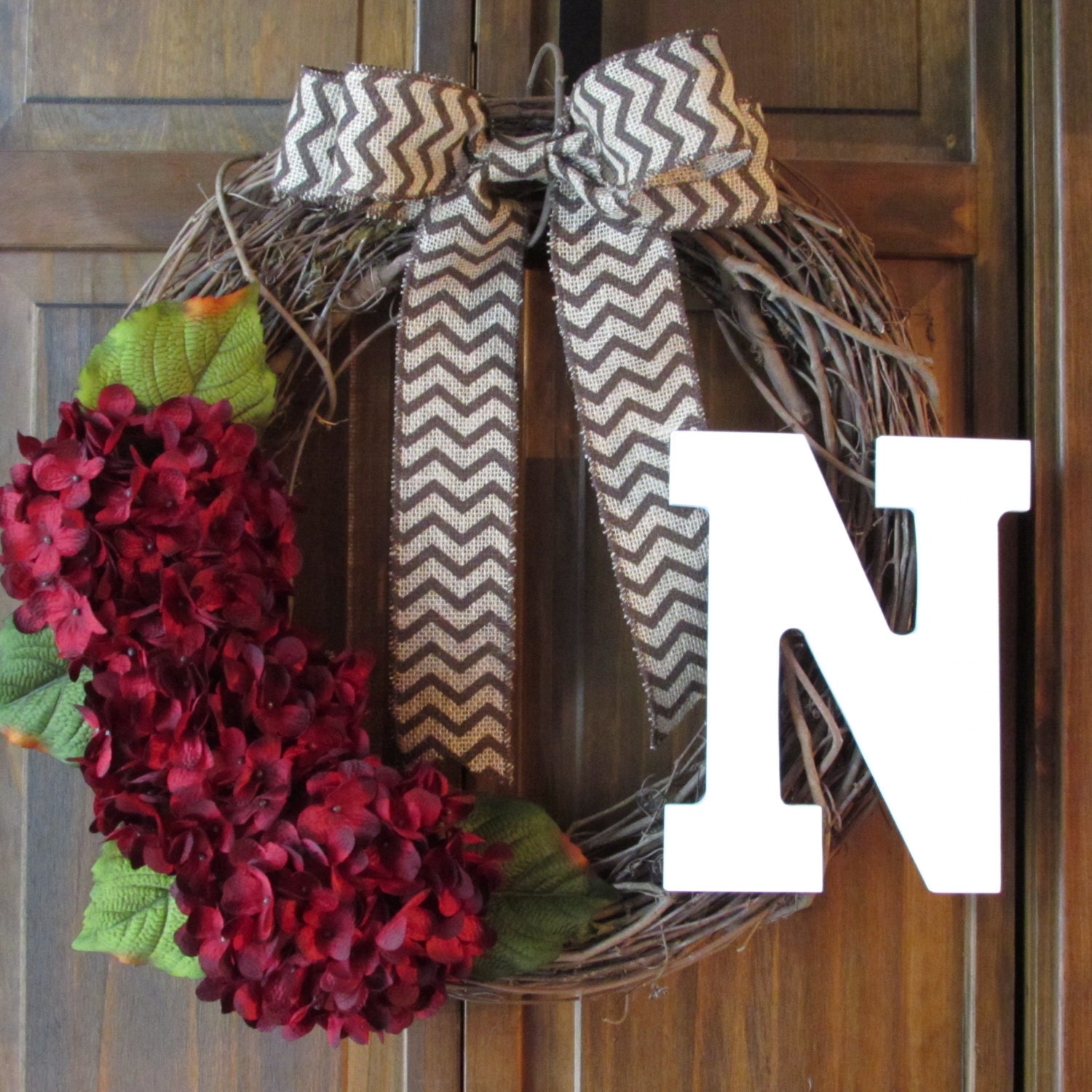 Hydrangea Grapevine Wreath with Monogram | Door Wreath with Initial | Monogrammed Wreath for Christmas