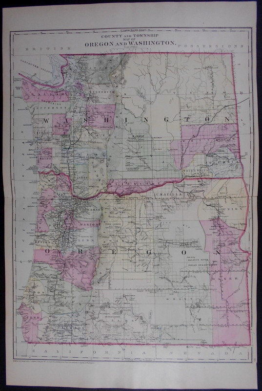 1883 Map Oregon Washington County & Township Map OR WA.