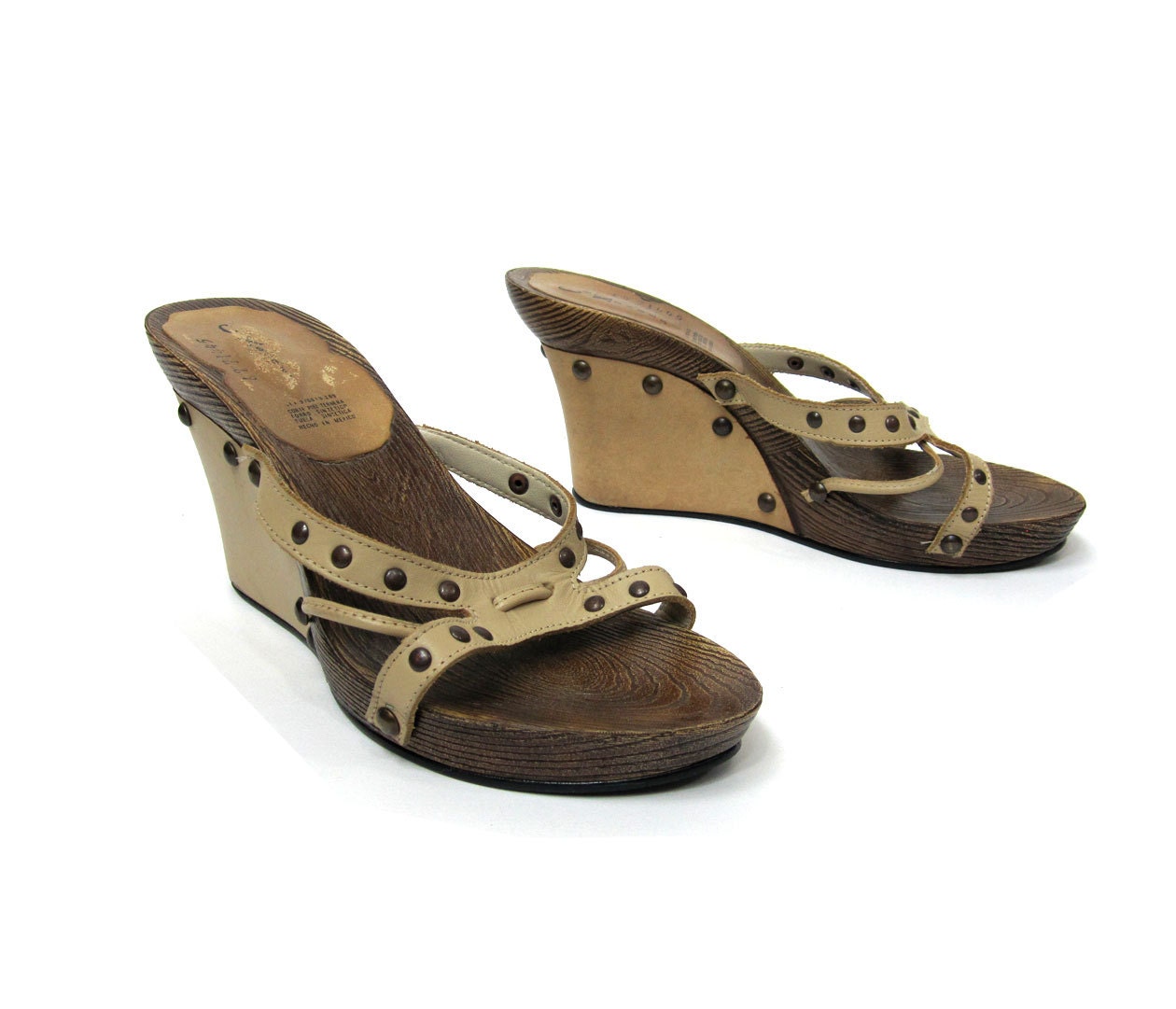 Beige Tan Leather and Wood Heel Wedge Sandals, with Brass Stud Details ...