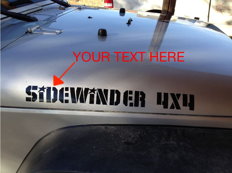 Custom Text Jeep Wrangler Hood Decals set of two by Sidewinder4X4