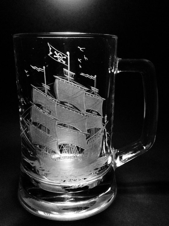 Hand Engraved Pirate Ship Beer Mug