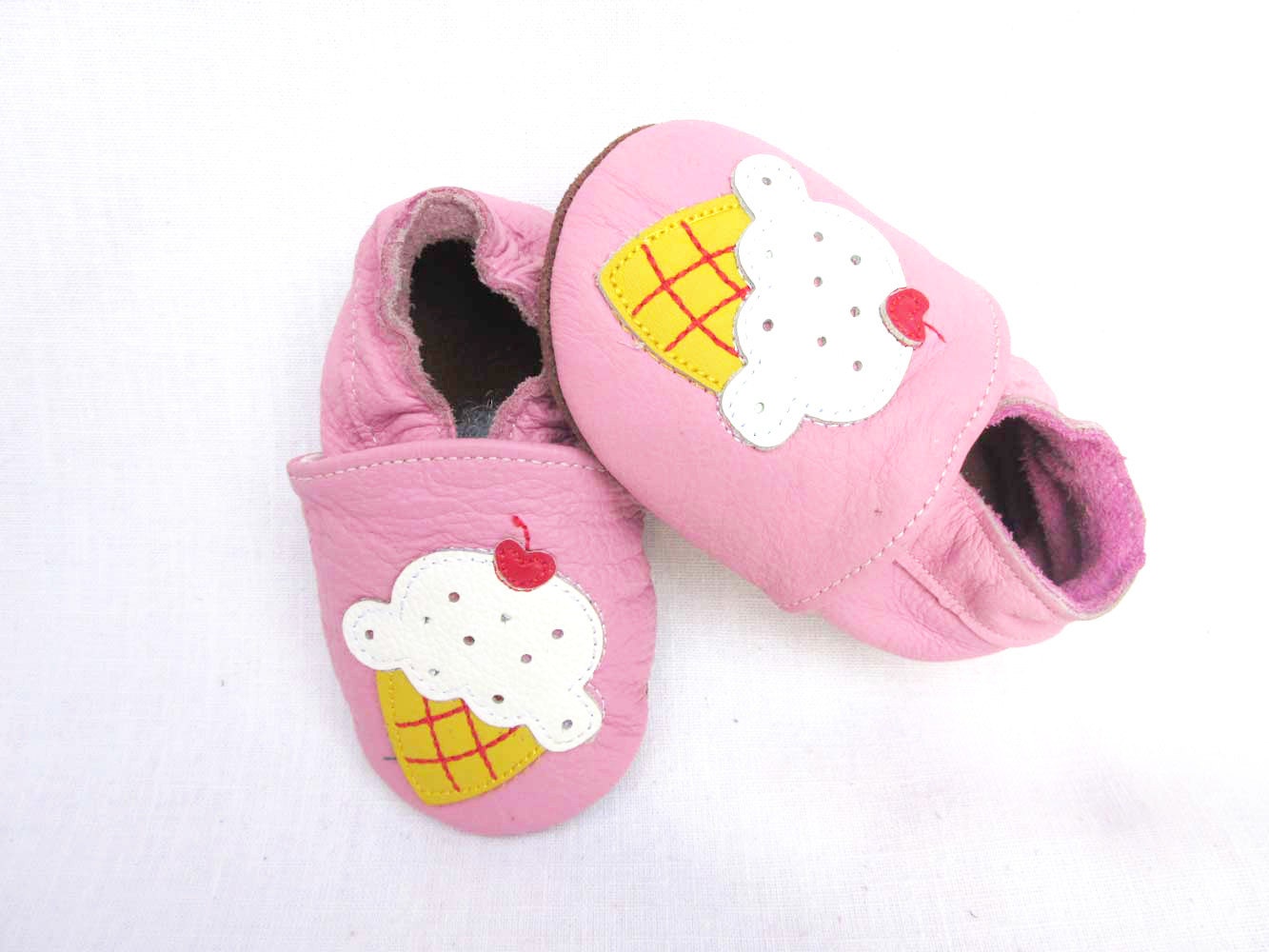 Soft Pink Leather baby shoes with Vanilla Ice Cream Cone in