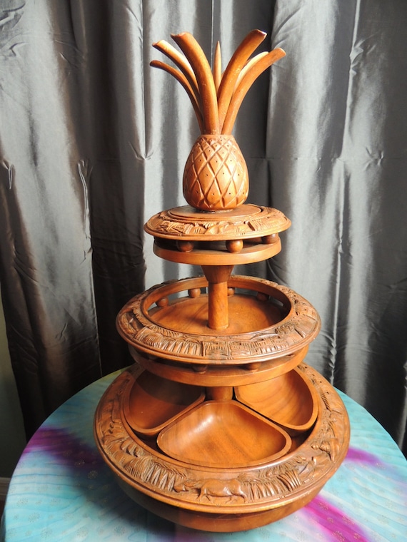 Pineapple carved 3 story vintage lazy susan wooden by refrenchit