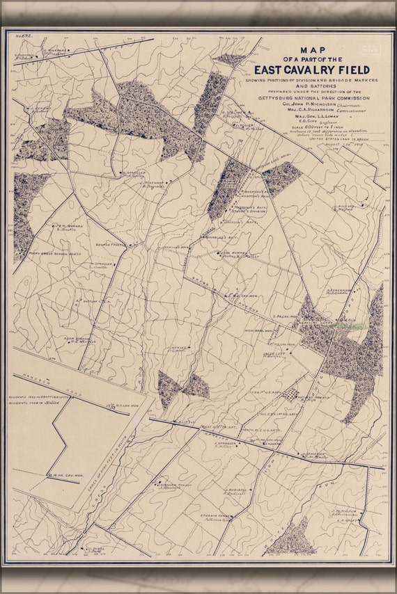 24x36 Poster Map Of East Cavalry Field Gettysburg Battle