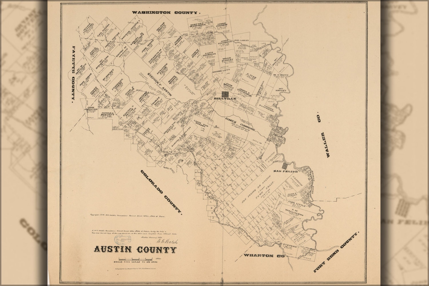 24x36 Poster Map Of Austin County Texas 1880