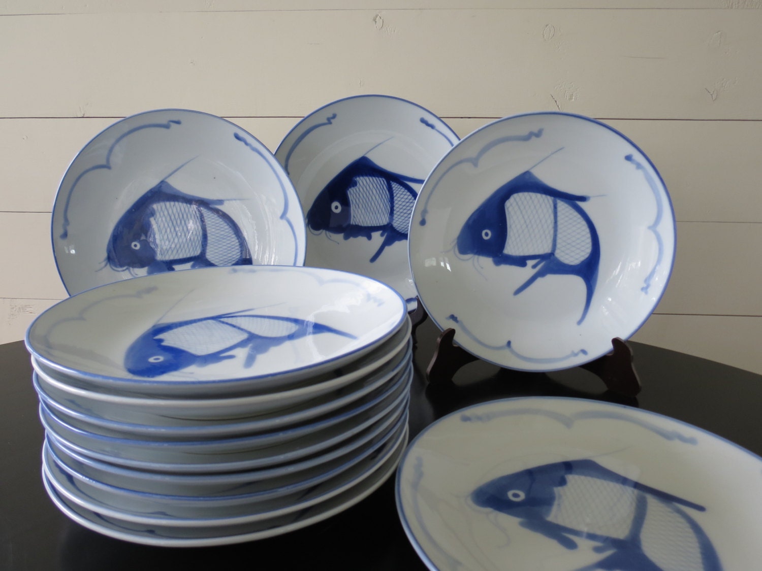 Set of 9 Vintage Chinese Blue Koi Fish Dinner Plates Hand