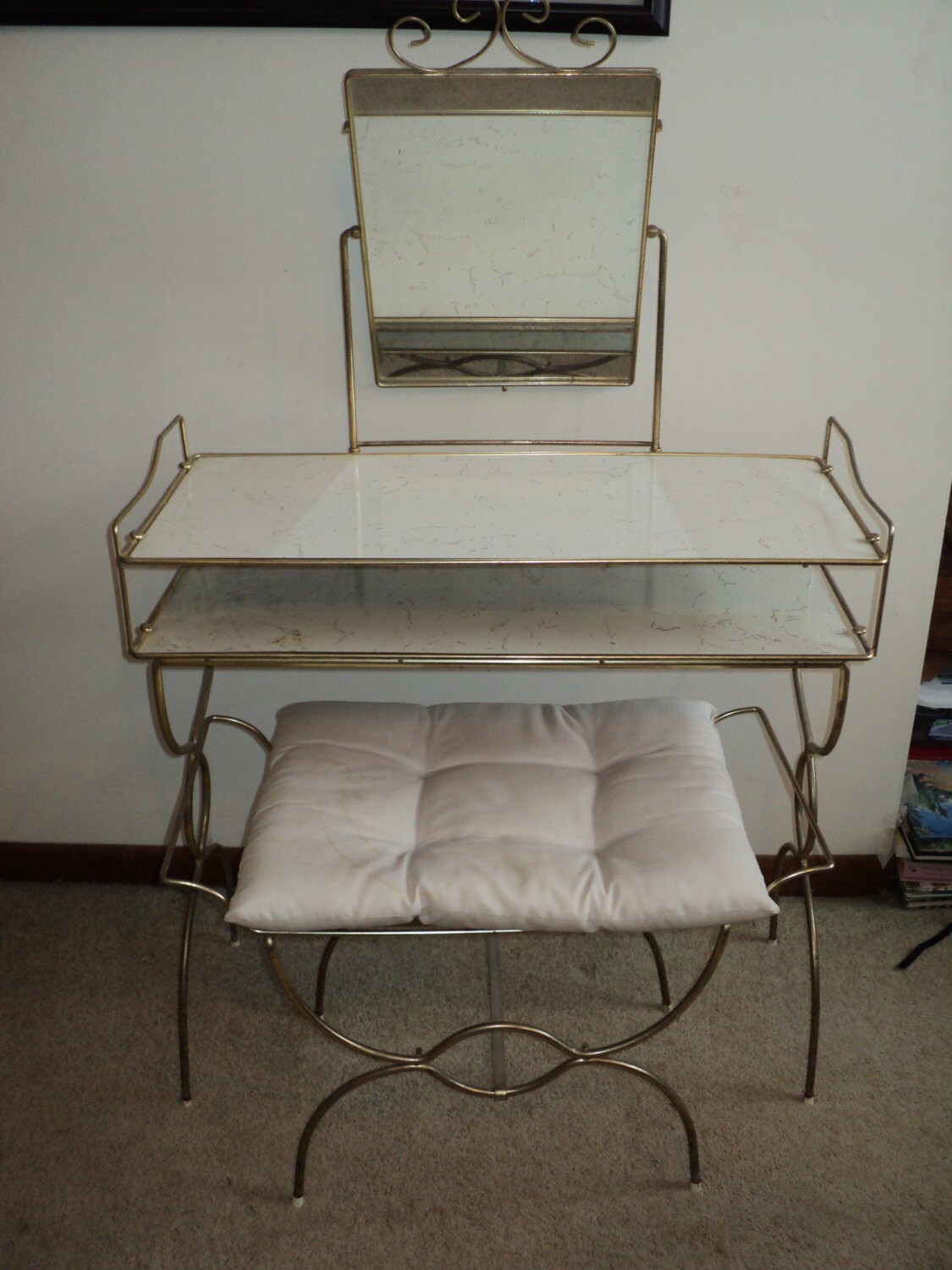 Vintage Vanity with Mirror and Seat, Welded Brass Furniture in Vintage 