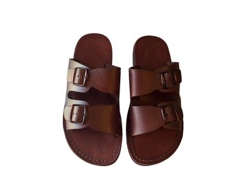 Brown DOMITIUS Leather Sandals Flip Flop Flats for Men by SandaliC