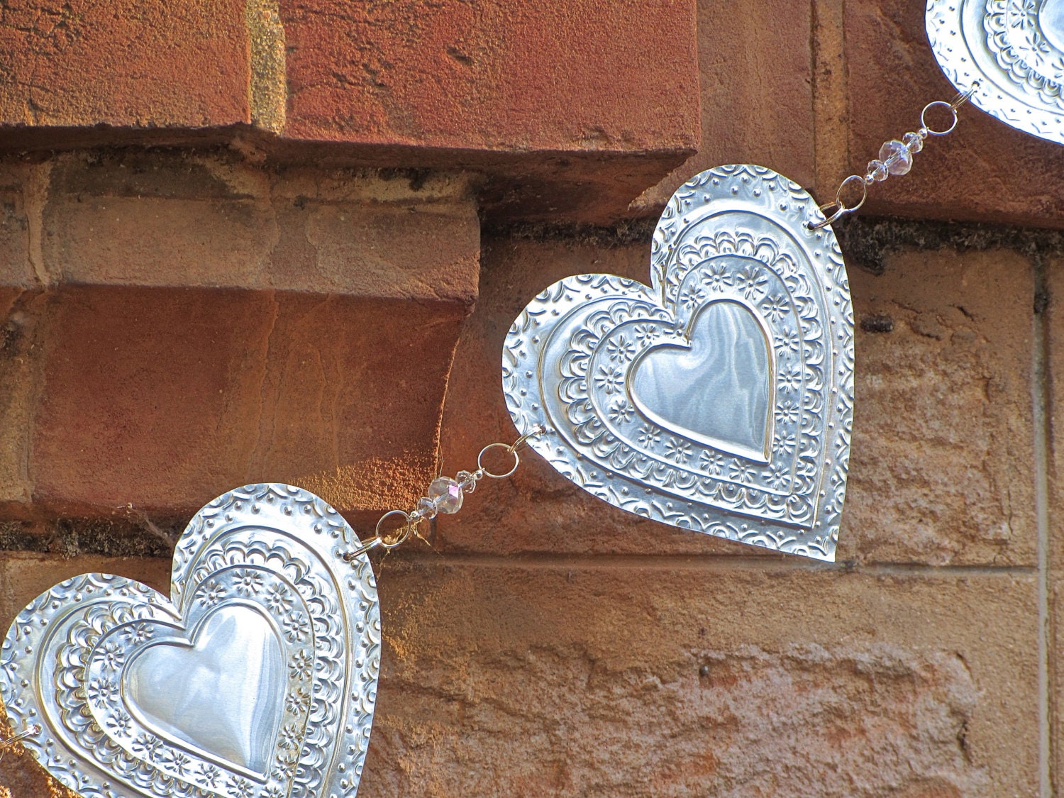 Silver Garland Metal Hearts Intricate Hand by FoilingInLove