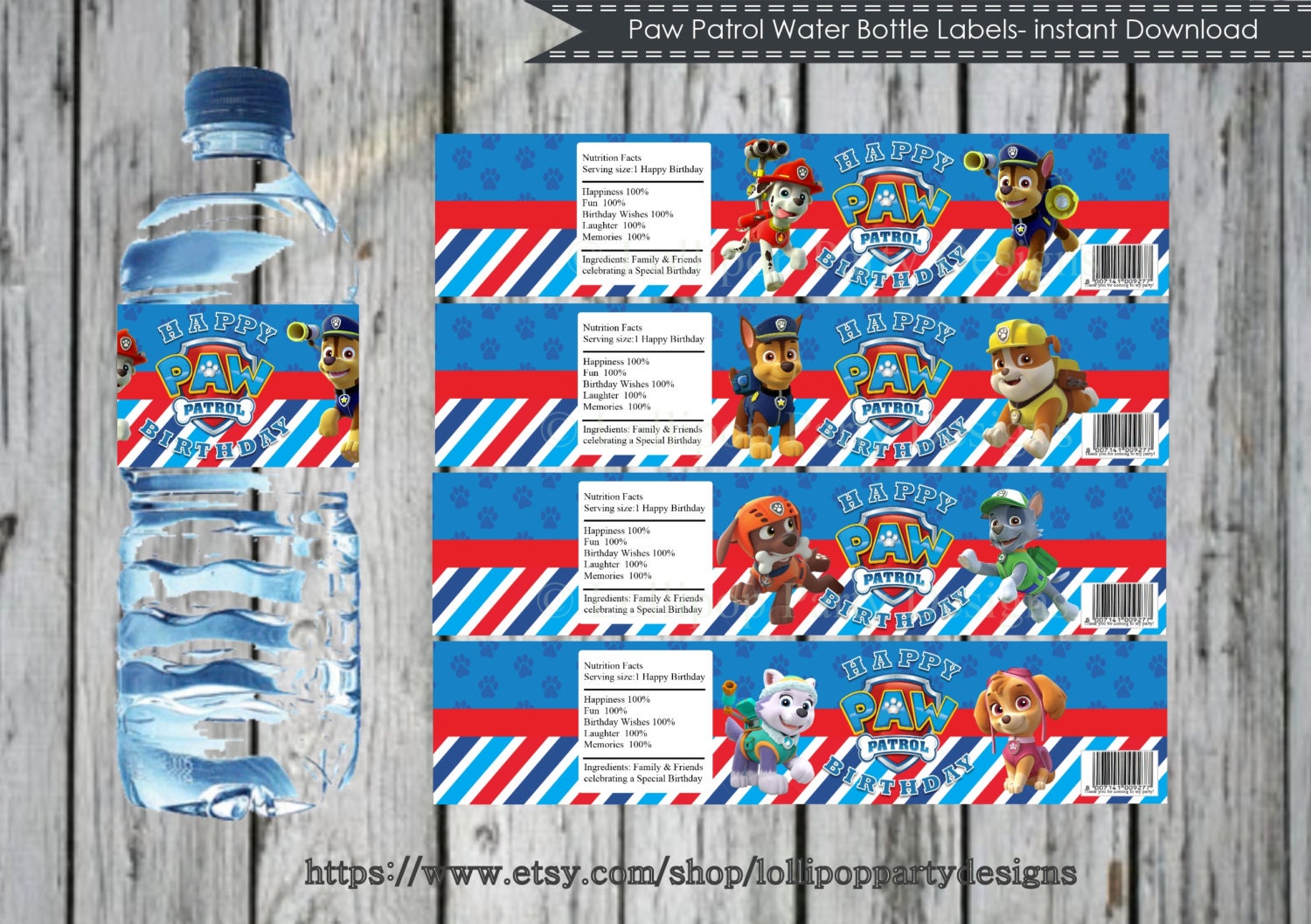 PAW PATROL Water Bottle Labels Printable by LollipopPartyDesigns