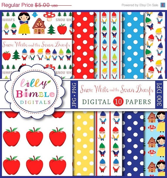50% off Snow White and the Seven Dwarfs digital papers for scrapbooking, birthday party, invites fairytale paper Download Il_570xn