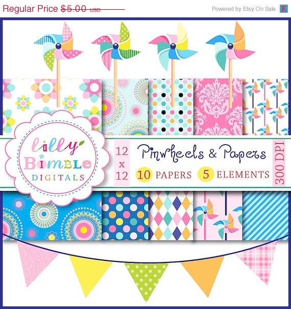50% off Pinwheel clipart and digital papers, summer bunting bright colors printable Digital Downloads pinwheels Il_570xn