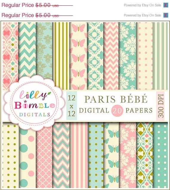 50% off PARIS BEBE digital papers in teal and salmon pink, modern scrapbook papers for cards, crafts and design elegant Digital Download Il_570xn