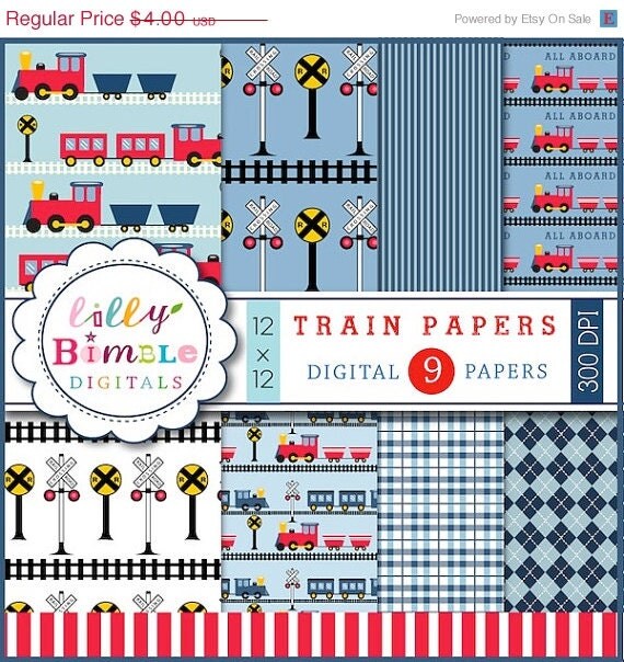 50% off Train Collection Digital scrapbook papers blue and red trains, boys birthday paper INSTANT DOWNLOAD Il_570xn