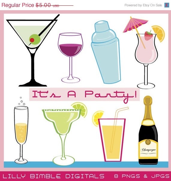 50% off Party Drink Cocktails clipart for new year, parties, champagne bottle, margarita, wine, Instant Download Il_570xn