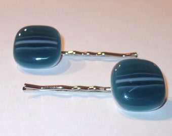Glass Bobby Pin Set, Striped Steel Blue and White Fused Glass, Handmade Hair Accessories, Women's Accessories,Blue Glass Hair Pins