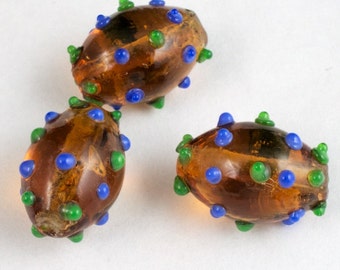 14mm Dark Topaz Oval Lampwork Bead with Green and Blue Dots #LCO007